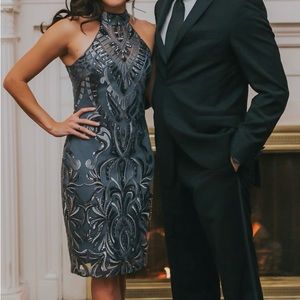 Formal silver sequin halter dress